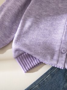 SHEIN Elladie kids 女童韓系簡約花卉刺繡棕色長袖開襟外套，搭配開衩喇叭牛仔長褲，秋季7歲生日穿搭 - 淡紫色 - 查看 4