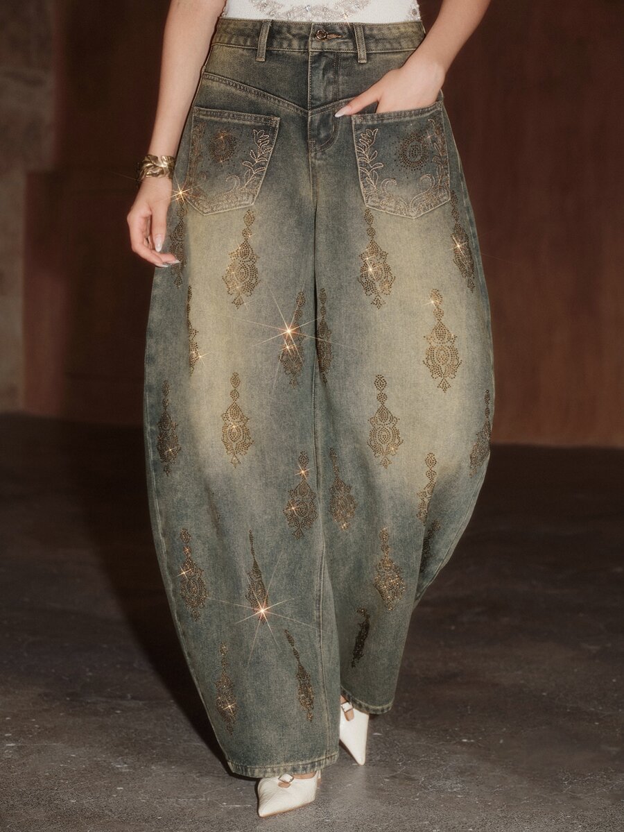 Anewsta Women's Pocket Design Rhinestone Wide Leg Loose Casual Vintage Streetwear Denim Jeans Night Out Grey Fall - Dusty Blue - View 1