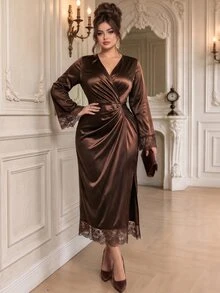Roveilla Women's Plus Size Glossy Lace Trim Patchwork Elegant Ruched Solid Color Dress, Low-Key Elegant Lace Dress - Coffee Brown - View 5