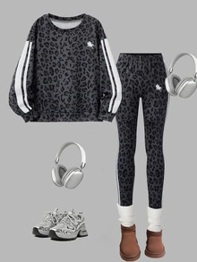 Sparklyn Leopard Print Kids 2 Pieces Set, Dark Gray Base With Classic Leopard Print, Round Neck Loose Drop Shoulder Sweatshirt, Paired With Slim Fit Long Pants, Comfortable And Casual For Daily Outings And Activities, Simple Yet Fashionable - Grey - View 6