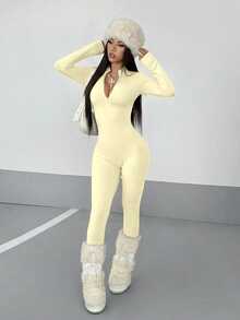 StreetHx Streetwear Women's Solid Color Long Sleeve Half-Zip Jumpsuit, Autumn - Yellow - View 4