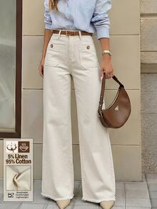 SHEIN Tall Women's Pocket Design Wide Leg Loose Casual Denim Jeans - Apricot - View 4