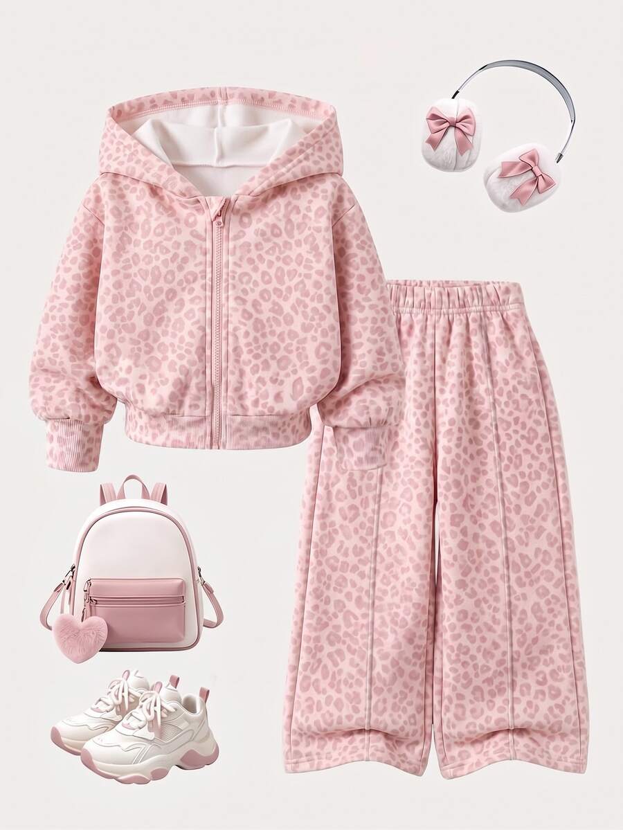 2pcs/Set Baby Girl Pink Leopard Print Zipper Long Sleeve Sweatshirt And Sweatpants Set, Cute Autumn/Winter 2 Pieces Sportswear Outfit - Multicolor - View 1