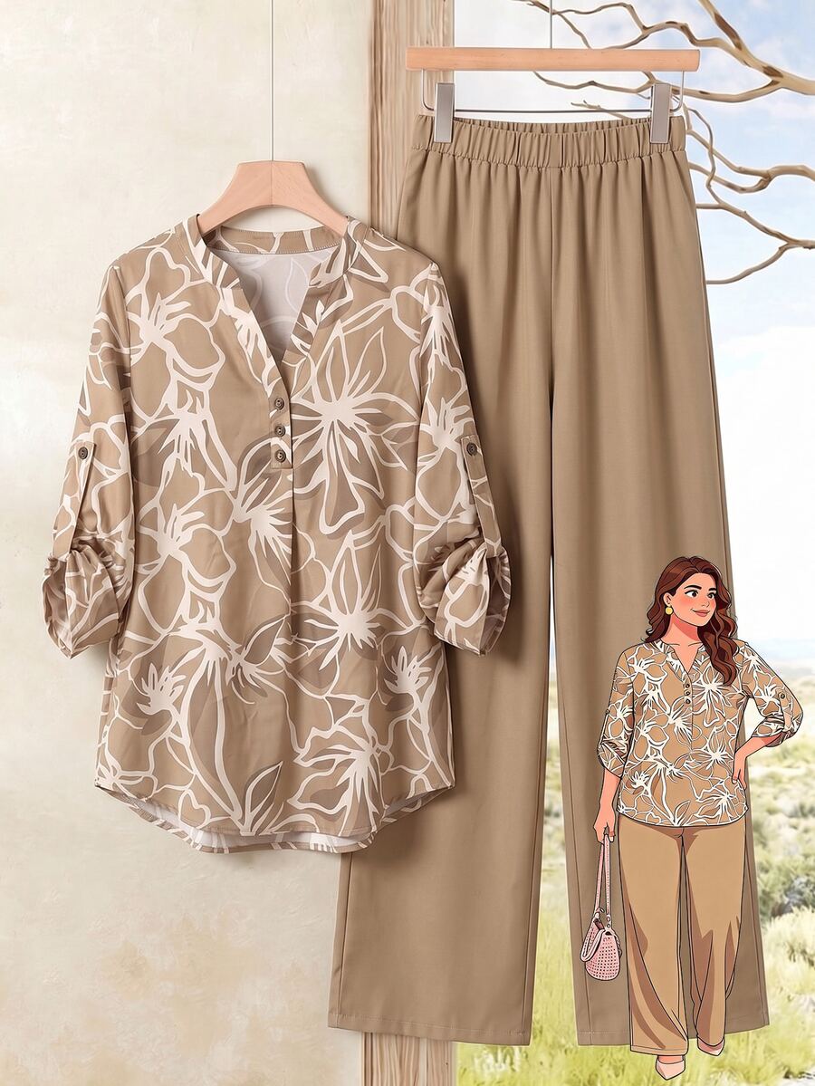 Rusticease Plus Size Women's All-Over Print Long Sleeve Top And Pants Casual Daily 2 Pieces Set - Multicolor - View 1