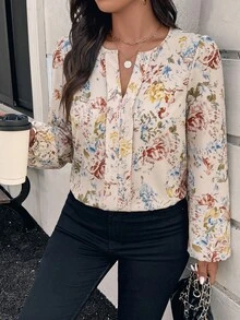 SHEIN LUNE 大尺碼四季百搭印花優雅休閒圓領小V領簡約女款長袖上衣 米色 適合辦公通勤 - 彩色 - 查看 3