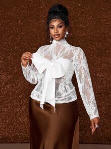 Maweii Sexy Style Hollow Lace Long Sleeve Satin Big Bow Strapless Layered Top T-Shirt - White - View 1