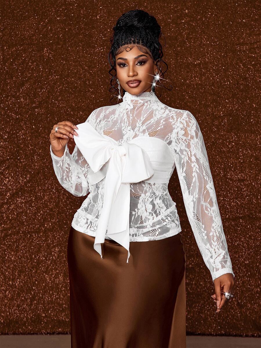 Maweii Sexy Style Hollow Lace Long Sleeve Satin Big Bow Strapless Layered Top T-Shirt - White - View 1
