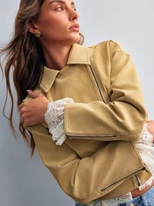 Willow Rêve Women's Solid Color Long Sleeve Lapel Zipper Asymmetric Design Cropped Jacket - Khaki - View 7