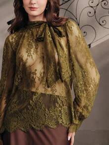 Anewsta Women's Autumn Lace Floral Vintage Green Minimalist Blouse - Army Green - View 1