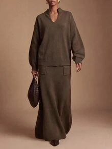 Zivah 女款棕色針織毛衣套裝，寬鬆版型立領長袖上衣搭配 A 字口袋裙 - 咖啡棕 - 查看 5