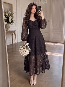 Modelyn Autumn/Winter Lace Waist-Cinching Slimming Elegant Fashionable Long Dress - Coffee - View 7
