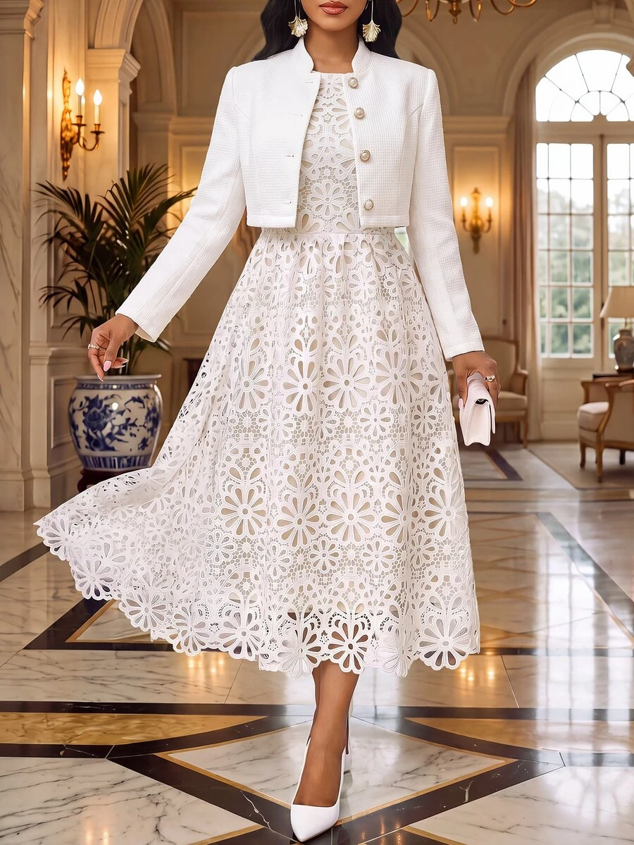 Fleurora Women's Round Neck Sleeveless Lace Waist-Cinching Dress And Solid Color Single-Breasted Long Sleeve Jacket 2 Pieces Set - White - View 1