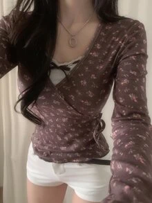 DAZY Floral Patchwork Colorblock 2 In 1 Diagonal Collar Tie-Up Long Sleeve Casual Vacation Korean Style Girl Daily Versatile Spring Autumn Top Women's T-Shirt - Brown - View 4
