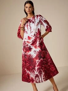 LOTSLUV Women's Autumn Elegant Commute, Red And White Landscape Positioning Print, Round Neck Puff Sleeve, Loose Fit Printed Short Dress - Red and White - View 3
