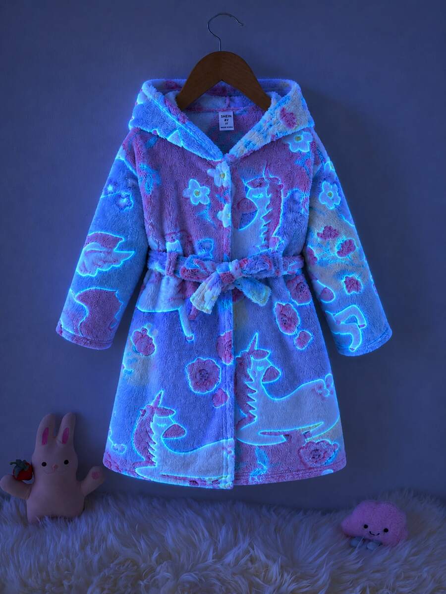 SHEIN 女童秋冬款甜美卡通星星彩虹圖案保暖內裡加厚毛絨連帽長袖抽繩居家睡袍睡衣 - 珊瑚粉 - 查看 1