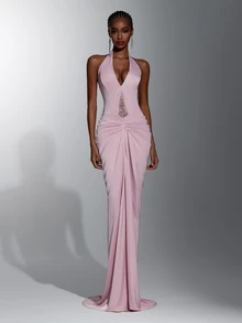 Elitara Gaun Malam Model Duyung Elegan Berwarna Merah Muda Pucat dengan Leher V Dalam, Bagian Dada dan Pinggang Berkerut, Gaun Formal Panjang Hingga Lantai untuk Pernikahan, Pesta Gala, dan Pesta Koktail - Dusty Pink - View 4