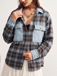 Bohemela Casual Woven Patchwork Loose Fit Women's Shirt - Blue - View 8