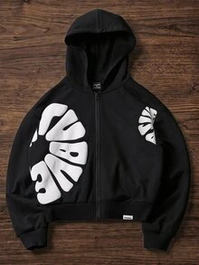 SWAVVY 男士休閒寬鬆長袖拉鍊連帽開襟外套，春秋冬季款，灰色泡棉印花，標準尺寸 - 黑色 - 查看 1