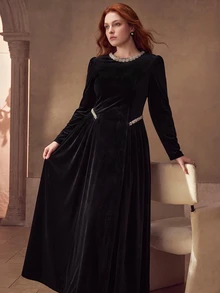 MOTF PREMIUM WOMEN'S PLUS SIZE PATCHWORK RHINESTONE TRIM LONG SLEEVE ELEGANT DRESS - Black - View 4