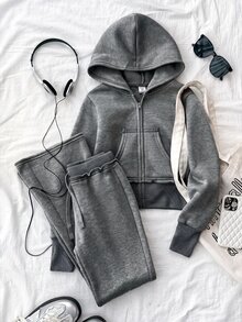 Tween Girl Dark Gray Zip-Up Hoodie & Sweatpants Casual Set - Grey - View 6