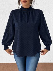 Elenzga Blus Wanita Ukuran Besar Warna Polos Kasual Minimalis Bertekstur Tenun dengan Potongan, Cocok untuk Jalan-jalan dan Bepergian - Navy Blue - View 5