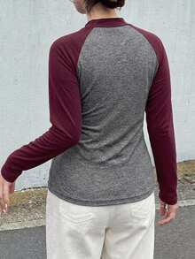 Dazy Plus Colorblock Patchwork Fitted Street Casual Short Long Sleeve Spring Autumn T-Shirt - Burgundy - View 2
