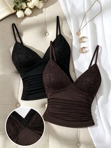 Sweetra كاميسول نسائي بلون موحد مع دانتيل متباين بتصميم عصري - متعدد الألوان - مشاهدة 6