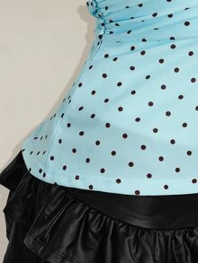 SHEIN ICON 掛脖深V領收腰A字露背波點背心上衣 - 淺藍色 - 查看 9
