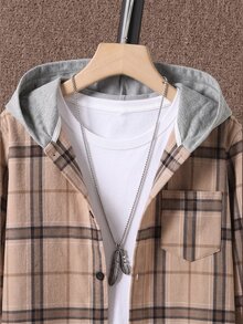 SHEIN Vacaura 青少年男孩格紋長袖單排扣口袋連帽襯衫，秋季 - 卡其色 - 查看 3