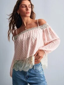 Willow Rêve Women's Chiffon Cut-Out Contrast Lace Long Sleeve Pink Camisole Top - Pink - View 5