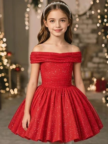 Tween Girl Ruched Off-Shoulder Elegant Fashion Dress - Red - View 1