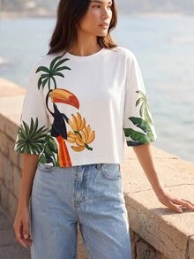 CAJUNI Women's Beach Vacation Palm Tree Print Round Neck Short Sleeve Casual Tropical T-Shirt White Summer - Multicolor - View 4