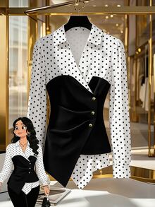 GlowEve CURVE Plus Size Elegant Colorblock Long Sleeve Asymmetrical Hem Shirt - Black and White - View 1