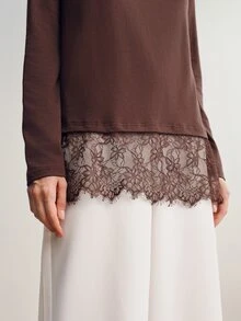 Briarwyn Elegant Solid Color Lace Patchwork Boat Neck Long Sleeve Women's T-Shirt - Coffee Brown - View 7