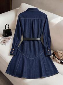 GlowEve Women's Long Sleeve Single-Breasted Casual Denim Shirt Dress - Blue - View 2