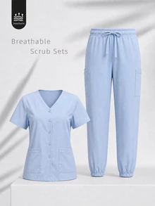 TaskEZ Light Blue Short Sleeve Top With Multiple Pockets And Cuffed Long Pants With Side Pockets, Comfortable And Convenient Minimalist Scrub Uniform 2 Pieces Set - Blue - View 1