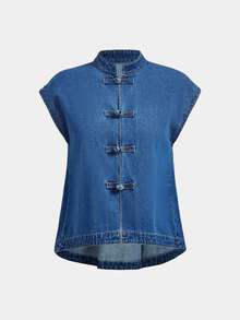 LUMIGAL Women's Casual Daily Denim Top With Frog Buttons - Blue - View 3