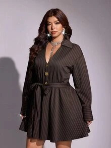 Viva Relle Plus-Size Women's Striped Shirt-Style Metal Button Decor A-Line Dress Fall - Coffee Brown - View 6