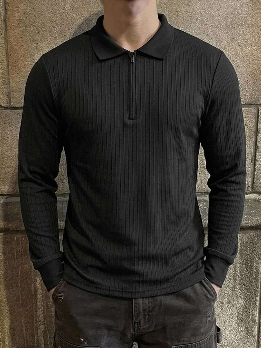 DAZY Men's Long Sleeve Black Polo Collar Fitted Commuter Knit Top, Elastic Fabric, Spring/Autumn - Black - View 1