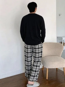 DAZY Spring/Autumn Letter Print T-Shirt & Plaid Pants Men's Loungewear Set - Black - View 2