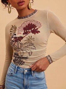Travachic 女款花卉印花修身百搭日常穿著上衣 - 彩色 - 查看 1