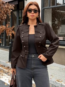Vionelle جاكيت قصير بأسلوب نابليون بمقاس كبير مع خصر مشدود، تصميم كاجوال عتيق بياقة قائمة مع أزرار معدنية بنية متعددة الصفوف، أكمام طويلة منتفخة - قهوة بني - مشاهدة 1