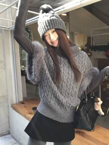 DAZY Women's Grey High Neck Cable Knit Textured Fleece Cuff Patchwork Loose Short Long Sleeve Sweater - Grey - View 1