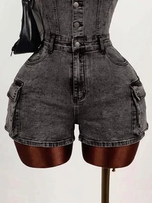 Mistrie Women's Short Sleeve Single-Breasted Cargo Pocket Casual Denim Romper - Grey - View 3