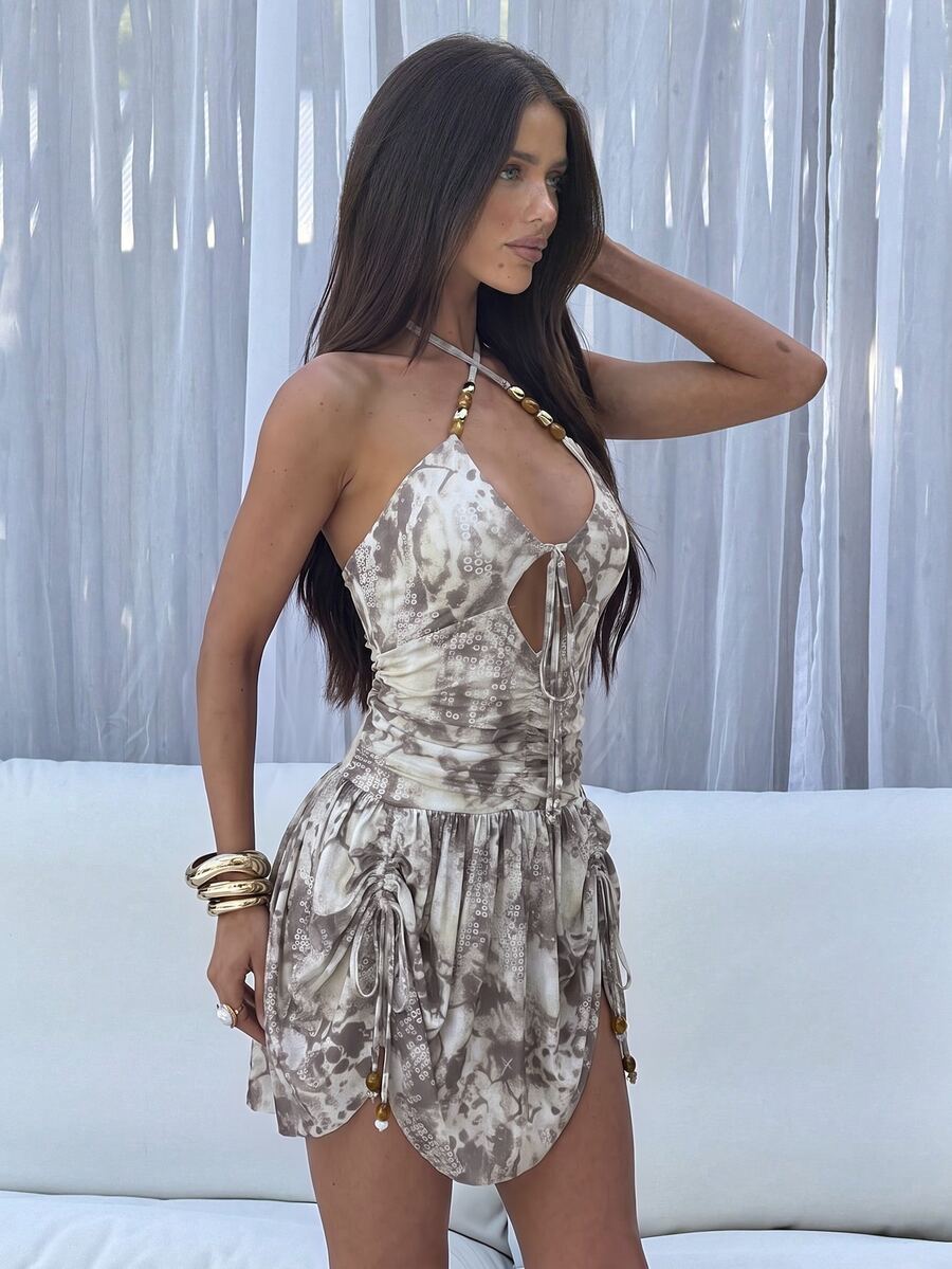 Aloruh Damen Sexy Hot Urlaub Neckholder Bindung Perlen Dekor Tailliert Blumenmuster Minikleid - Aprikosenfarben - Übersicht 1