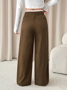 SHEIN PETITE 女款拼色休閒日常長褲，女士春秋休閒抽繩口袋長褲，自然風格 - 棕色 - 查看 2
