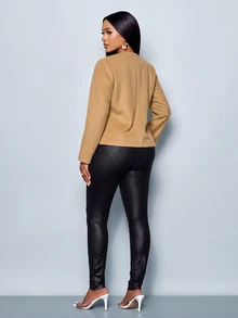 SOLERSUN Women's Autumn/Winter Casual Commute Khaki Wool-Like Fabric V-Neck Asymmetric Hem Button Long Sleeve Jacket - Khaki - View 3