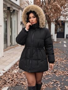 Easura Plus Size Hooded Cinched Waist Long Sleeve + Detachable Fur Collar Padded Coat - Black - View 1