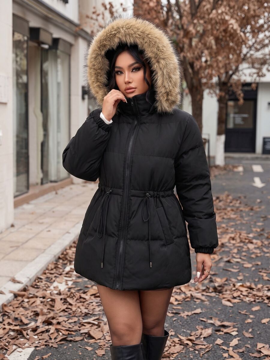 Easura Plus Size Hooded Cinched Waist Long Sleeve + Detachable Fur Collar Padded Coat - Black - View 1