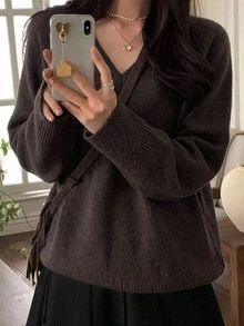DAZY 女款V領長袖寬鬆休閒針織衫 - 綠色 - 查看 1